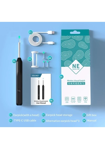 Siyah Natfıre Ne6 Kablosuz Wifi Kulak Temizleme Çubuğu Otoskop Kamera 1296 P Borescope Aydınlık Kulak Balmumu Temizleme Diş Ağız Muayene Kulak Temizleyici (Yurt Dışından)