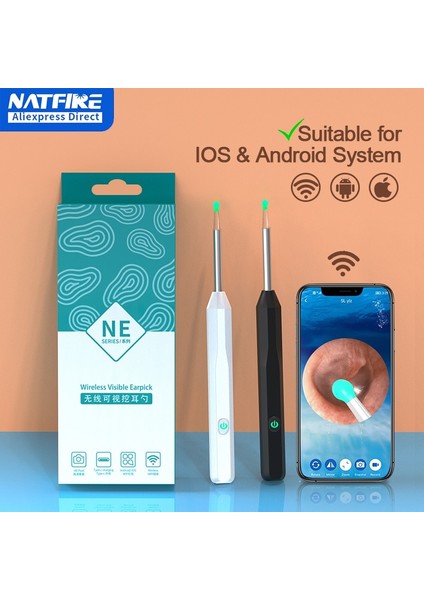 Siyah Natfıre Ne6 Kablosuz Wifi Kulak Temizleme Çubuğu Otoskop Kamera 1296 P Borescope Aydınlık Kulak Balmumu Temizleme Diş Ağız Muayene Kulak Temizleyici (Yurt Dışından)