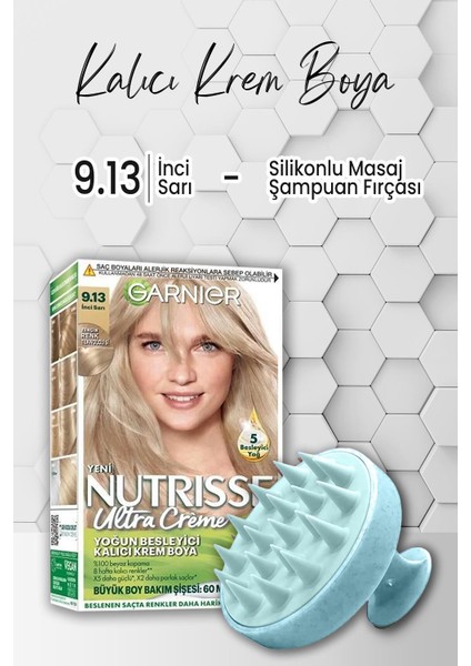 Garnier Nutrisse Besleyici Kalıcı Krem Saç Boyası 9.13 Inci Sarı ve Şampuan Fırçası Mavi