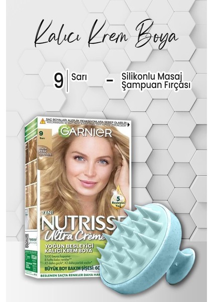 Garnier Nutrisse Besleyici Kalıcı Krem Saç Boyası 9 Sarı ve Şampuan Fırçası Mavi