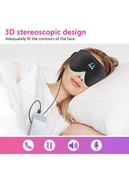 Siyah 3D Bluetooth Uyku Kulaklıkları Göz Maskesi Uyku Kulaklıkları Dinlenme Yardım Kafa Bandı Yumuşak Elastik Rahat Kablosuz Müzik Kulaklık (Yurt Dışından)