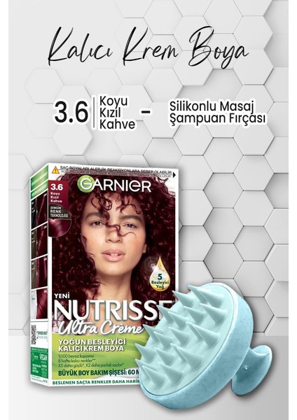 Nutrisse Yoğun Besleyici Kalıcı Krem Saç Boyası 3.6 Koyu Kızıl Kahve ve Şampuan Fırçası Mavi
