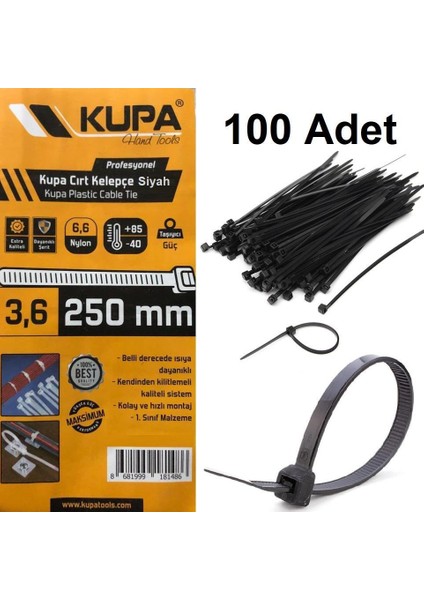 Kupa Plastik Cırt Kelepçe Siyah 3.6 x 250 Mm. - 100 Adet