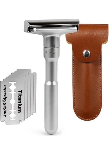 Y1 Gümüş Ayarlanabilir Emniyetli Jilet Erkek Çift Kenar Tıraş Klasik Güvenlik 5 Pcs Titanyum Kaplamalı Bıçaklar Tıraş Makinesi Tıraş Bıçağı ve Pu Çanta (Yurt Dışından)