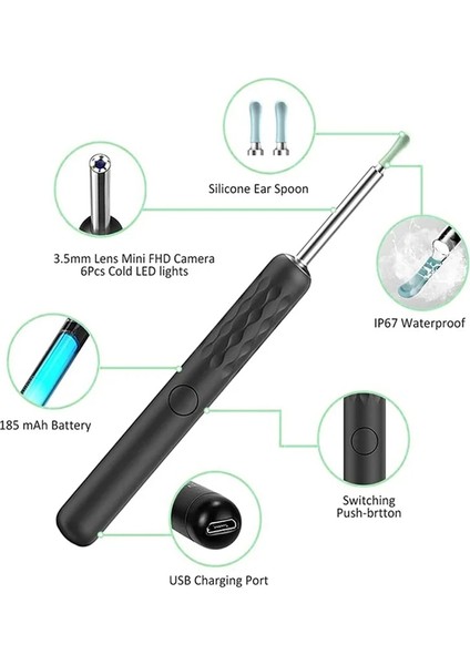 R1 Siyah R3 R1 Kablosuz Akıllı Görsel Kulak Çubukları Otoskop 300 W Endoskop Balmumu Temizleme Aracı Mini Kamera Bakım Temizleyici R3 Bebird Tarafından Tasarlanmıştır (Yurt Dışından)