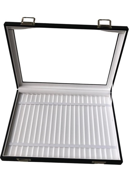 Camlı Kapaklı Bileklik,zincir ve Takı Tablası Siyah Deri / Içi Beyaz (21 Kanallı ve Lastikli)