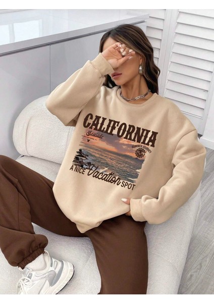 Kadın Vizon California Seaside Baskılı Oversize Alt Üst Eşofman Takımı