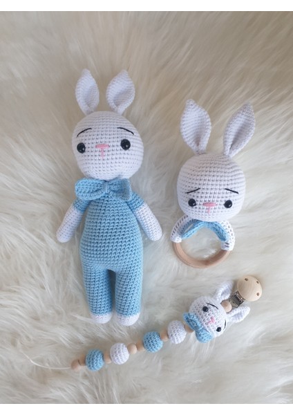 Amigurumi Yenidoğan Organik Mavi Tavşan, Çıngırak, Emzik Zinciri Set