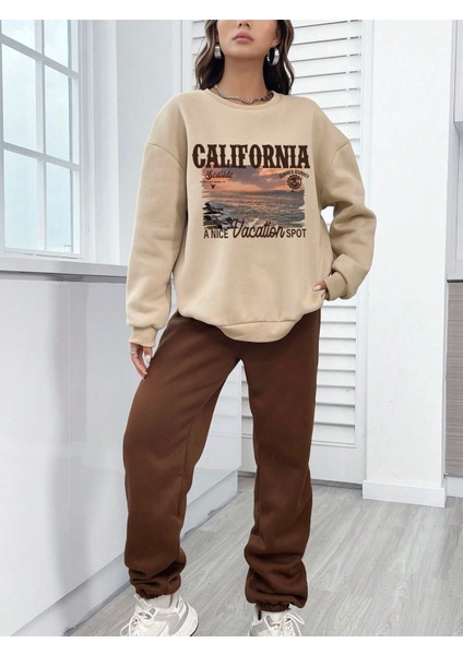 Kadın Vizon California Seaside Baskılı Oversize Alt Üst Eşofman Takımı