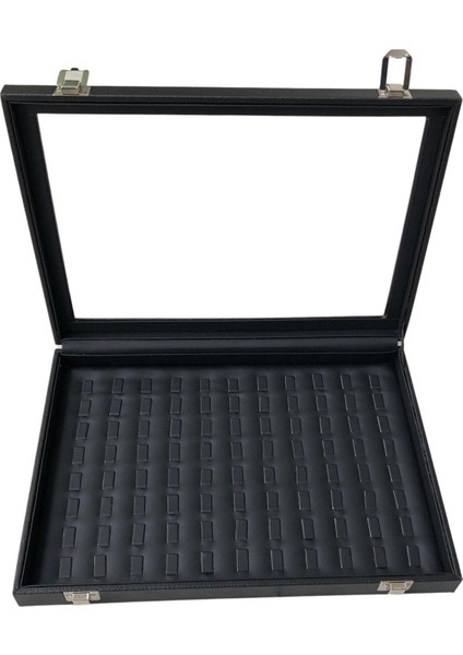 Camlı Kapaklı Tırnaklı Yuzuk-Takı Tablası Siyah Deri / Içi Siyah ( 88 Tırnaklı)