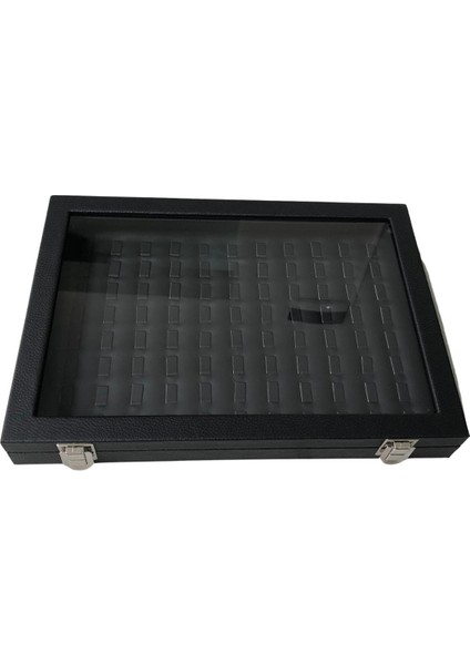 Camlı Kapaklı Tırnaklı Yuzuk-Takı Tablası Siyah Deri / Içi Siyah ( 88 Tırnaklı) modelleri