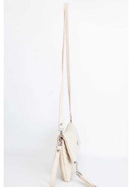 Kadın Clutch Portföy Çantası Uzun Askılı Ekru