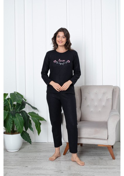 Kışlık Sıcak Tutan Love Nakışlı Pijama Takımı