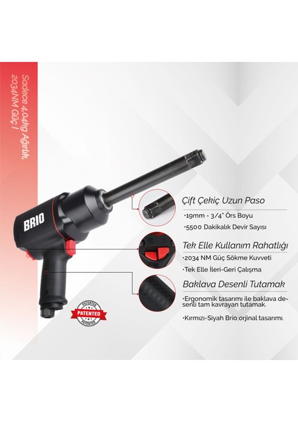 Havalı Somun Sökme 1'' Uzun Paso 2034 Nm Çift Çekiç 4,42 Kg modelleri