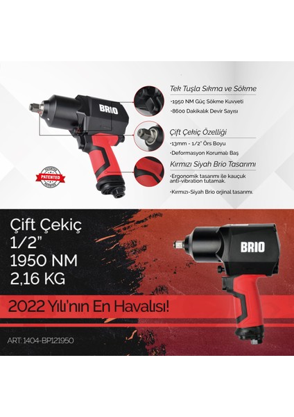 Havalı Somun Sökme 1/2 1950 Nm Çift Çekiç 2,16 Kg