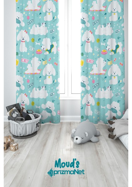 Tatlı Köpek Desenli Baskılı Çocuk ve Bebek Odası Fon Perde 2 Kanat - Prd-25