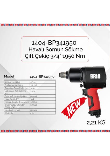 Havalı Somun Sökme 3/4'' 1950 Nm Çift Çekiç 2,21 Kg