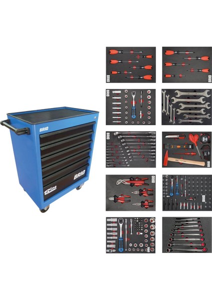 Hareketli Tekerlekli Takım Dolabı Takım Arabası 6 Çekmeceli Kilitli Bline 259 Parça Mavi Dolu