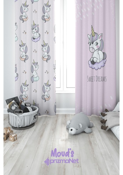 Uykucu Unicorn Desenli Baskılı Bebek ve Çocuk Odası Fon Perde 2 Kanat - Prd-31