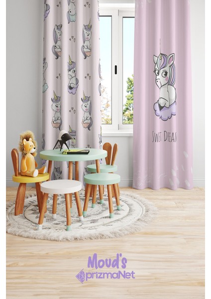 Uykucu Unicorn Desenli Baskılı Bebek ve Çocuk Odası Fon Perde 2 Kanat - Prd-31