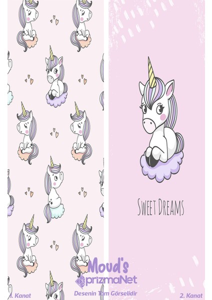 Uykucu Unicorn Desenli Baskılı Bebek ve Çocuk Odası Fon Perde 2 Kanat - Prd-31