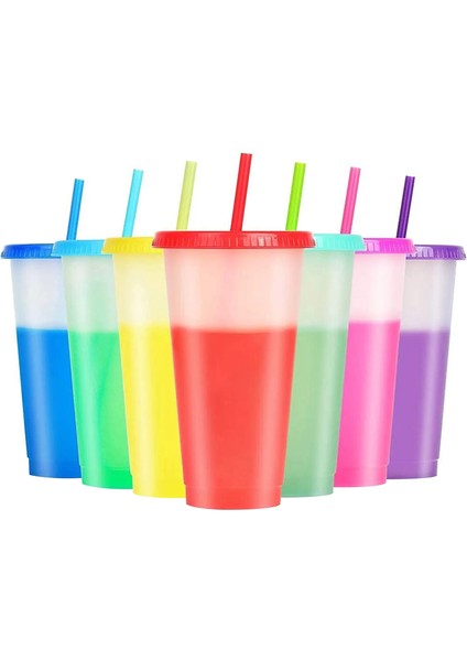 7 Adet Yeniden Kullanılabilir Renk Değiştiren Bardak Soğuk Içecekler Seyahat Bardak Kapaklı Saman 24OZ Kahve Suyu Içecek Bardağı Renk Değiştirme (Yurt Dışından) fırsatları