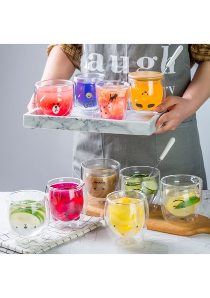 Tavuk 201 300ML Novlety 270ML Çift Katmanlı Kahve Fincanı Yüksek Borosilikat Cam Soğuk Içecek Bardağı Sıcak Içecek Bardağı Sevimli Kedi Ayı Süt Çay Bardağı (Yurt Dışından)