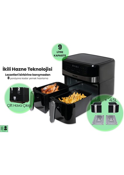 Air Fryer 9 Litre Siyah Çift Sepetli Akıllı Fritöz