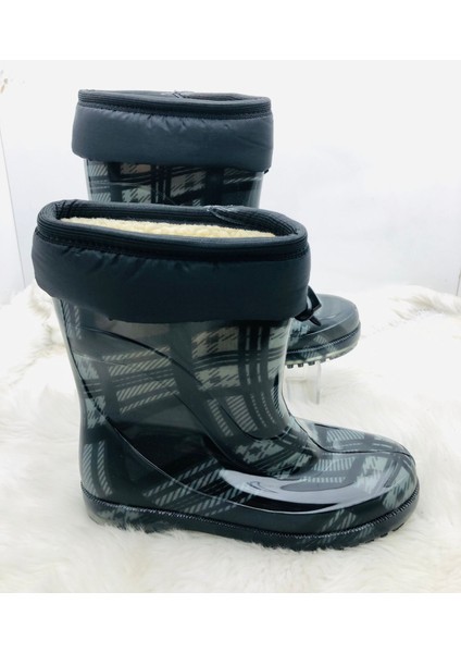 Çiğdem Içi Tüylü Siyah-Gri Kareli Lastik Çizme - Siyah Gri - 38 - ST01597-SİYAH Gri-38