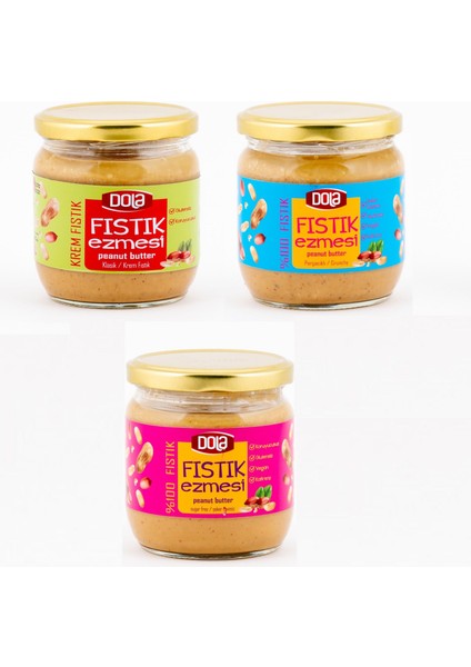Fıstık Ezmesi Seti 3'lü Glutensiz, Parçacıklı-Klasik-Şekersiz Fıstık Ezmesi