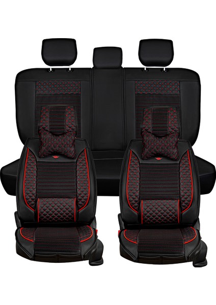 Alfa Romeo Stelvio Uyumlu Yarı Deri Oto Koltuk Kılıfı Tam Takım 5li Set (Elite Seri) Siyah-Kırmızı
