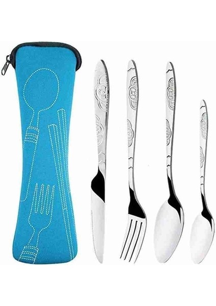 Mavi 4 Adet 4 Adet/3 Adet Set Yemek Takımı Taşınabilir Baskılı Bıçaklar Çatal Kaşık Paslanmaz Çelik Aile Kamp Biftek Çatal Sofra Çanta ile (Yurt Dışından)