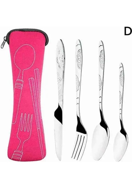 D 3 Adet/4 Adet Set Yemek Takımı Taşınabilir Baskılı Çelik Kaşık Çatal Biftek Bıçağı Seti Seyahat Çatal Sofra Çanta ile (Yurt Dışından)
