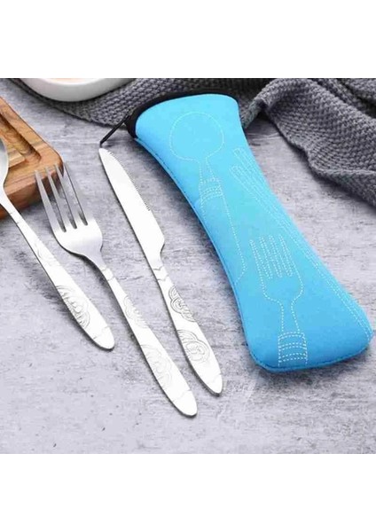 D 3 Adet/4 Adet Set Yemek Takımı Taşınabilir Baskılı Çelik Kaşık Çatal Biftek Bıçağı Seti Seyahat Çatal Sofra Çanta ile (Yurt Dışından) fırsatları