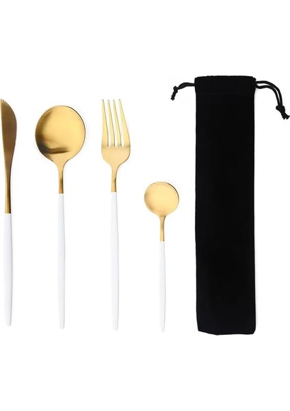 Mat Beyaz Altın Taşınabilir 4 Adet Yemek Takımı Seti Paslanmaz Çelik Sofra Çatal Batı Bıçak Çatal Çay Kaşığı Mutfak Yemeği Sofra Takımı Çanta ile Set (Yurt Dışından)