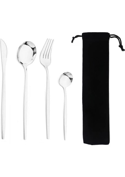 Mat Beyaz Altın Taşınabilir 4 Adet Yemek Takımı Seti Paslanmaz Çelik Sofra Çatal Batı Bıçak Çatal Çay Kaşığı Mutfak Yemeği Sofra Takımı Çanta ile Set (Yurt Dışından)