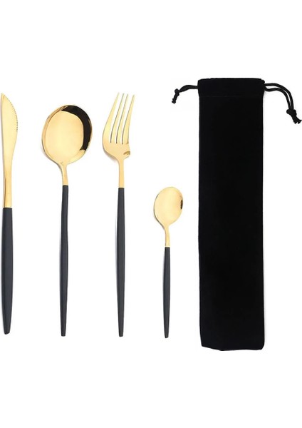 Mat Beyaz Altın Taşınabilir 4 Adet Yemek Takımı Seti Paslanmaz Çelik Sofra Çatal Batı Bıçak Çatal Çay Kaşığı Mutfak Yemeği Sofra Takımı Çanta ile Set (Yurt Dışından)