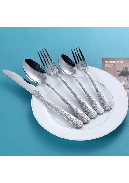 Gümüş 5 Adet Yüksek Kaliteli Çatal Bıçak Kaşık Seti Kolu Zarif Oyma Paslanmaz Çelik Altın Sofra Bıçak Çatal Kaşık Sofra Takımı Seti Gümüş Set (Yurt Dışından)