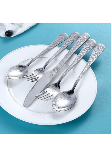 Gümüş 5 Adet Yüksek Kaliteli Çatal Bıçak Kaşık Seti Kolu Zarif Oyma Paslanmaz Çelik Altın Sofra Bıçak Çatal Kaşık Sofra Takımı Seti Gümüş Set (Yurt Dışından)