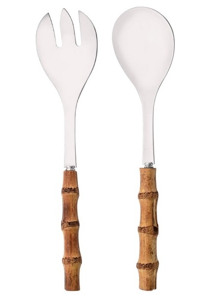 2 Adet Gümüş 2 Adet Gümüş Yemek Takımı Çatal Bıçak Takımı 304 Paslanmaz Çelik Ahşap Bambu Saplı Yemek Servisi Salata Spork Sunucu Çatal Kaşık Sofra Seti (Yurt Dışından)