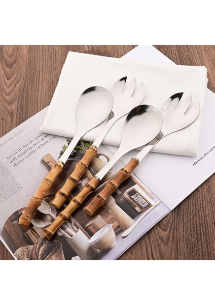 2 Adet Gümüş 2 Adet Gümüş Yemek Takımı Çatal Bıçak Takımı 304 Paslanmaz Çelik Ahşap Bambu Saplı Yemek Servisi Salata Spork Sunucu Çatal Kaşık Sofra Seti (Yurt Dışından) fiyatları