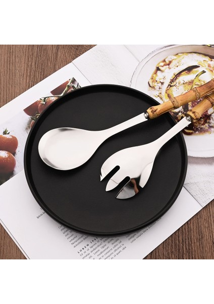 2 Adet Gümüş 2 Adet Gümüş Yemek Takımı Çatal Bıçak Takımı 304 Paslanmaz Çelik Ahşap Bambu Saplı Yemek Servisi Salata Spork Sunucu Çatal Kaşık Sofra Seti (Yurt Dışından) modelleri