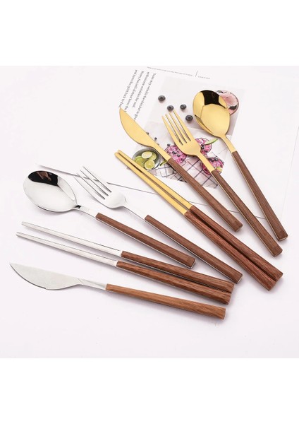 4 Adet Çay Çatalı 4/12/16 Adet Gümüş Çatal Bıçak Kaşık Seti Çubuklarını Bıçak Çatal Kaşık Taklit Ahşap Saplı Kore Yemek Takımı Seti Lüks Sofra Seti (Yurt Dışından) modelleri