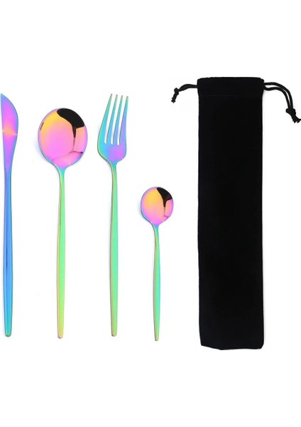 Gökkuşağı Taşınabilir 4 Adet Yemek Takımı Seti Paslanmaz Çelik Sofra Çatal Batı Bıçak Çatal Çay Kaşığı Mutfak Yemeği Sofra Takımı Çanta ile Set (Yurt Dışından) indirimleri