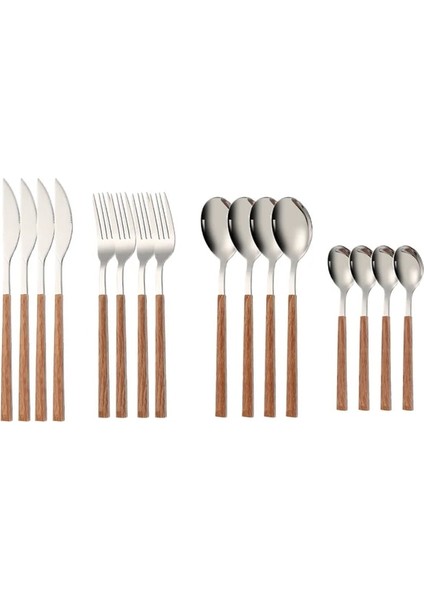 Gümüş 16 Adet Paslanmaz Çelik Taklit Ahşap Saplı Çatal Bıçak Kaşık Seti Yemek Takımı Kelepçe Batı Sofra Bıçak Çatal Çay Kaşığı Gümüş (Yurt Dışından)