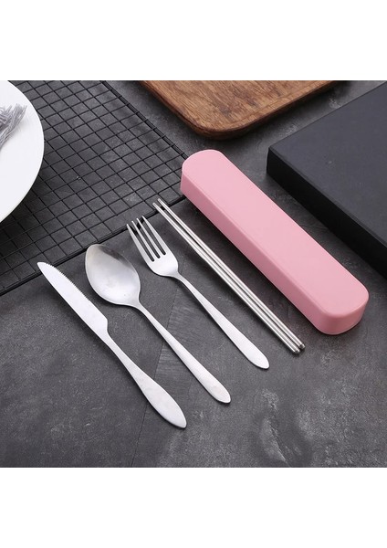 A-Pembe Kutu 4 Adet/takım Seyahat Kamp Çatal Bıçak Kaşık Seti Taşınabilir Sofra Paslanmaz Çelik Çubuklarını Kaşık Çatal Biftek Bıçağı Saklama Kutusu ile (Yurt Dışından)