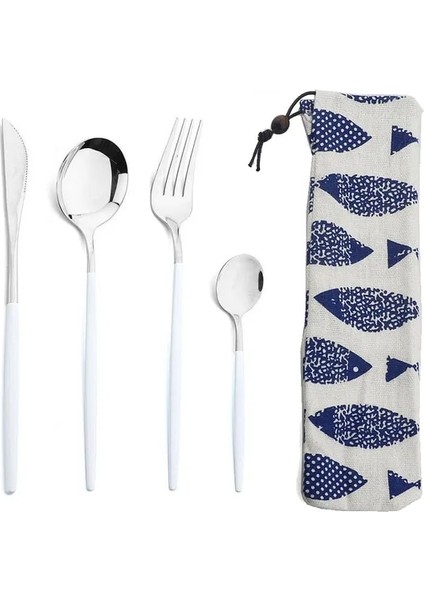 Beyaz Gümüş Taşınabilir 4 Adet Paslanmaz Çelik Sofra Çatal Bıçak Takımı Yemek Takımı Çanta ile Set Batı Bıçak Çatal Çay Kaşığı Mutfak Yemeği Sofra Takımı Seti (Yurt Dışından)