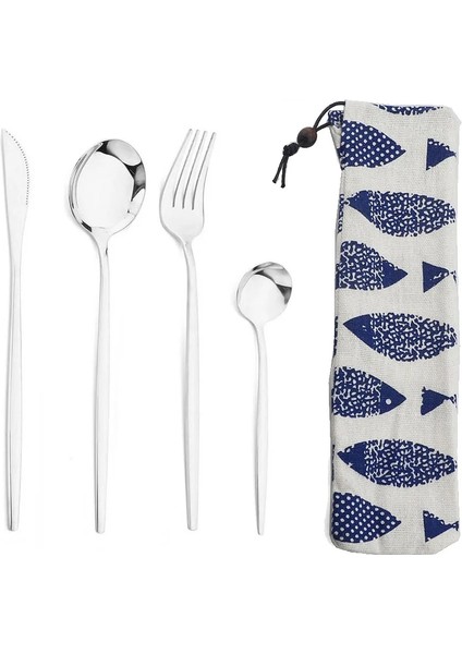 Beyaz Gümüş Taşınabilir 4 Adet Paslanmaz Çelik Sofra Çatal Bıçak Takımı Yemek Takımı Çanta ile Set Batı Bıçak Çatal Çay Kaşığı Mutfak Yemeği Sofra Takımı Seti (Yurt Dışından) indirimleri