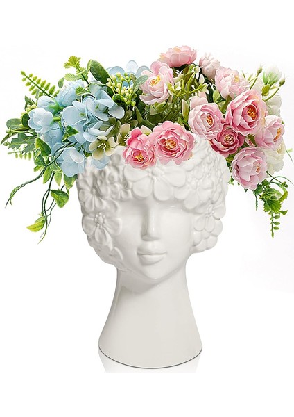 Dekor Için Beyaz Seramik Çiçek Vazo, Modern Stil Kadın Formu Yüz Vazo, Ev Ofis Dekoru Için Benzersiz Çiçek Vazo -A (Yurt Dışından)