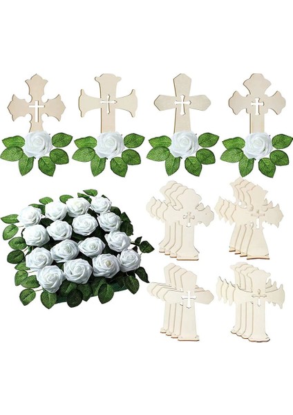 Ayaklı Ahşap Ahşap Haç Tabanlı El Sanatları 16 Parça Beyaz Gül (Yurt Dışından)